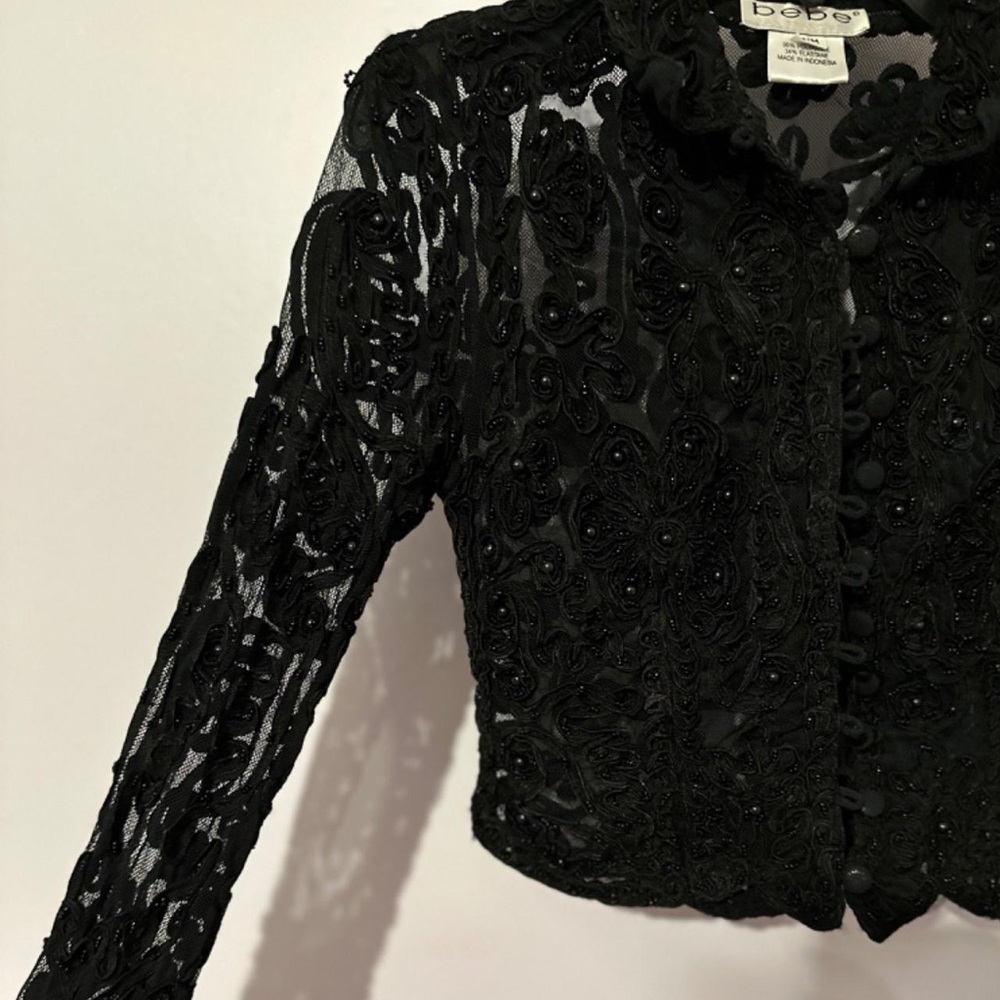 bebe Black Floral Lace Long Sleeve Top - Picture 3 of 4